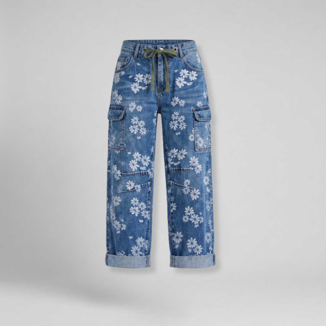 Orenvio | Women’s Floral Drawstring High Waist Crop Jeans