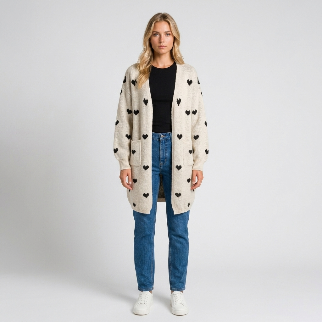 Orenvio | Women’s Heart Pattern V-Neck Cardigan