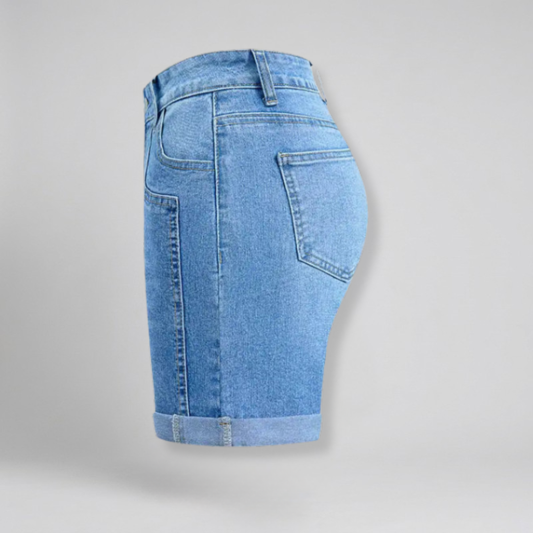 Orenvio | Women’s Washed Roll-Hem Mid-Thigh Denim Shorts