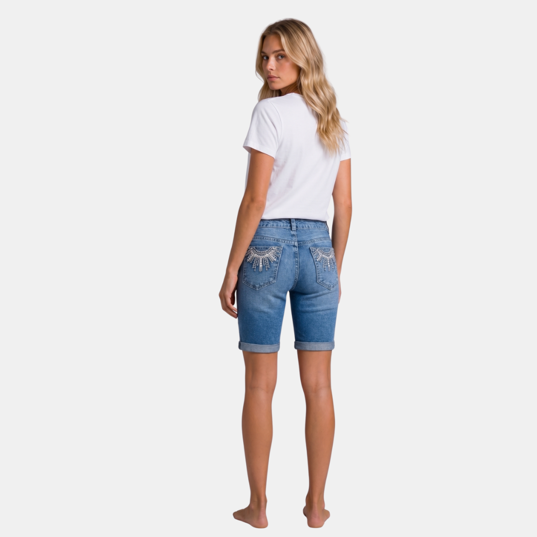 Orenvio | Women’s Embroidered Roll-Hem Denim Bermuda Shorts