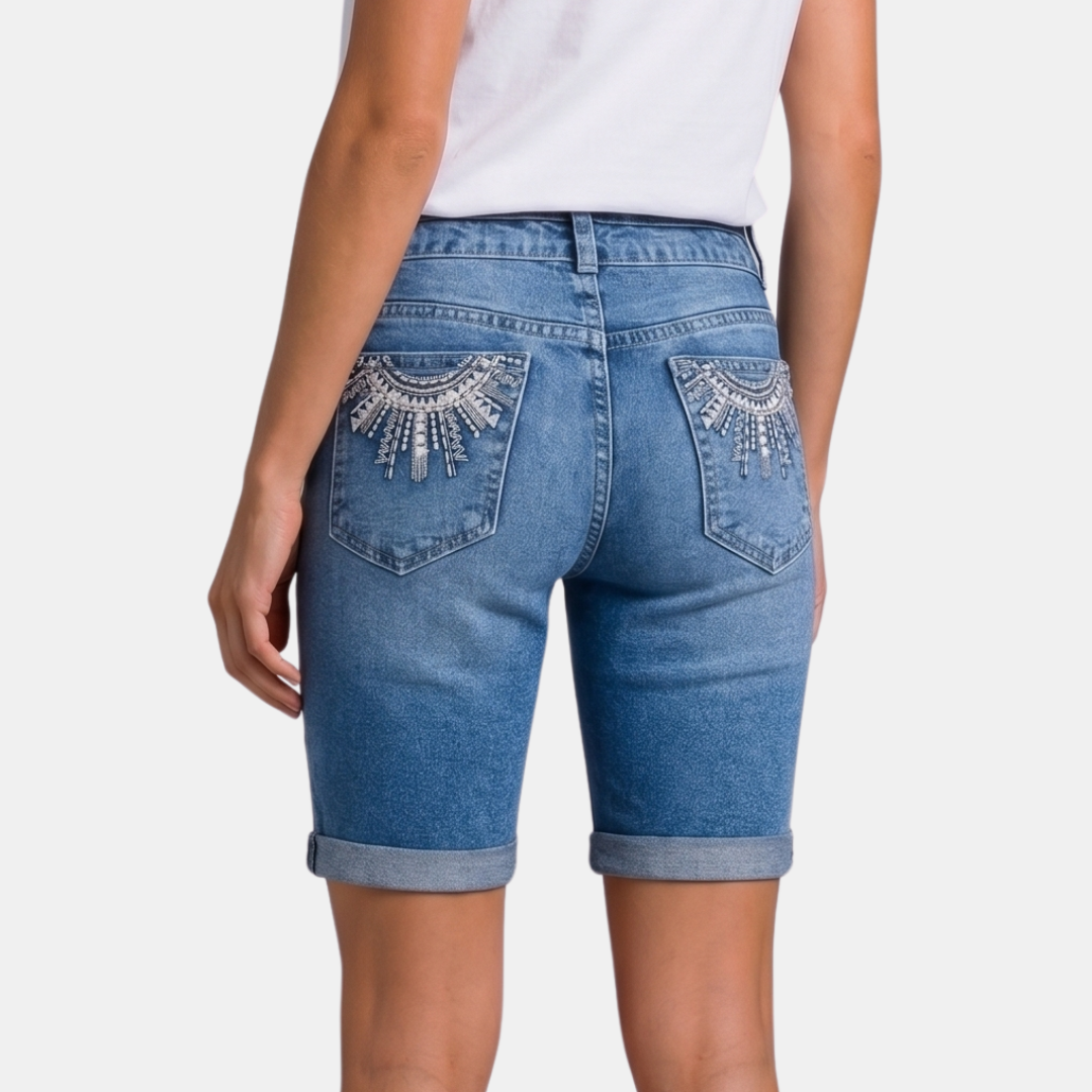 Orenvio | Women’s Embroidered Roll-Hem Denim Bermuda Shorts