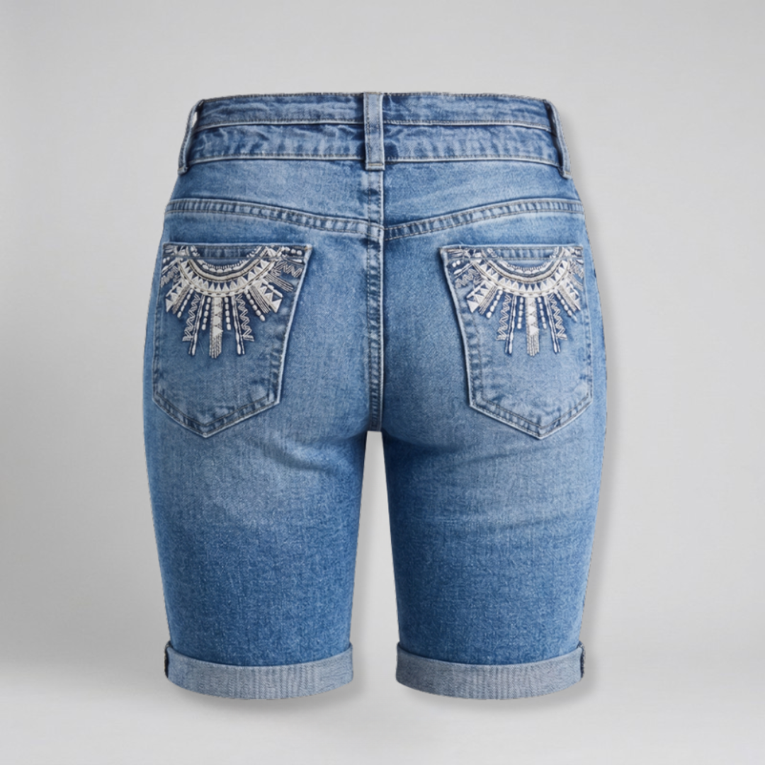 Orenvio | Women’s Embroidered Roll-Hem Denim Bermuda Shorts