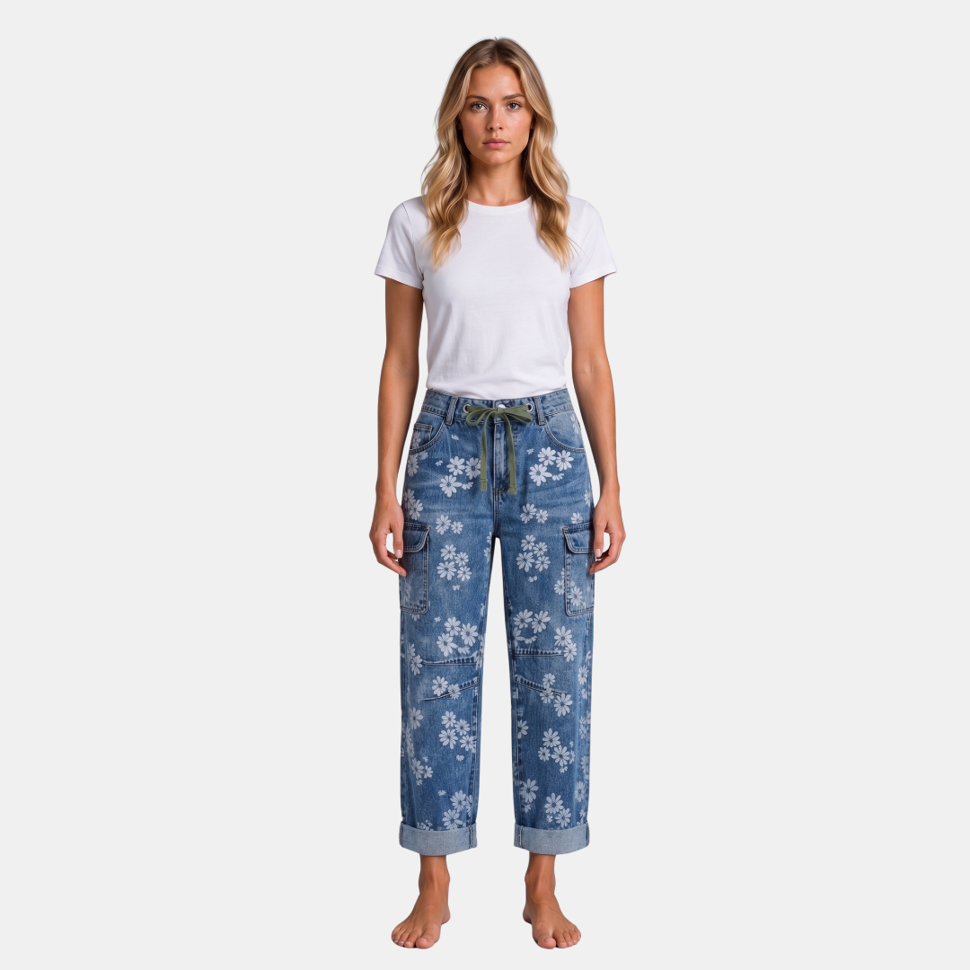 Orenvio | Women’s Floral Drawstring High Waist Crop Jeans