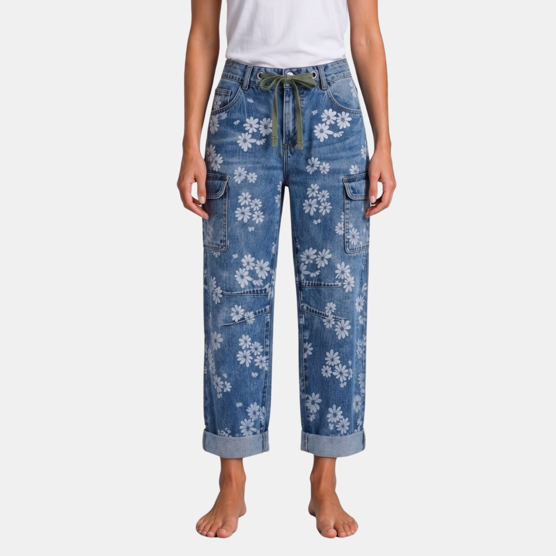 Orenvio | Women’s Floral Drawstring High Waist Crop Jeans