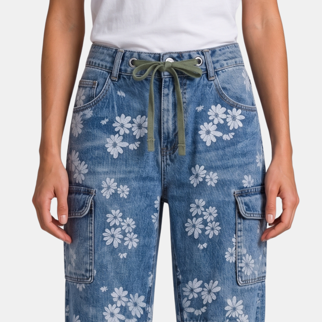 Orenvio | Women’s Floral Drawstring High Waist Crop Jeans