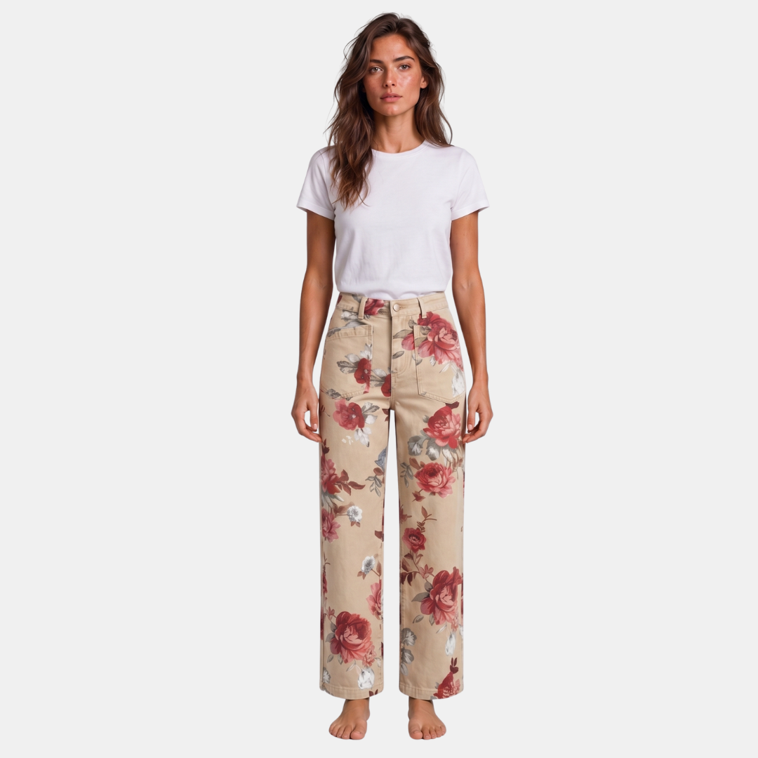 Orenvio | Women’s Floral High Rise Straight Leg Trousers