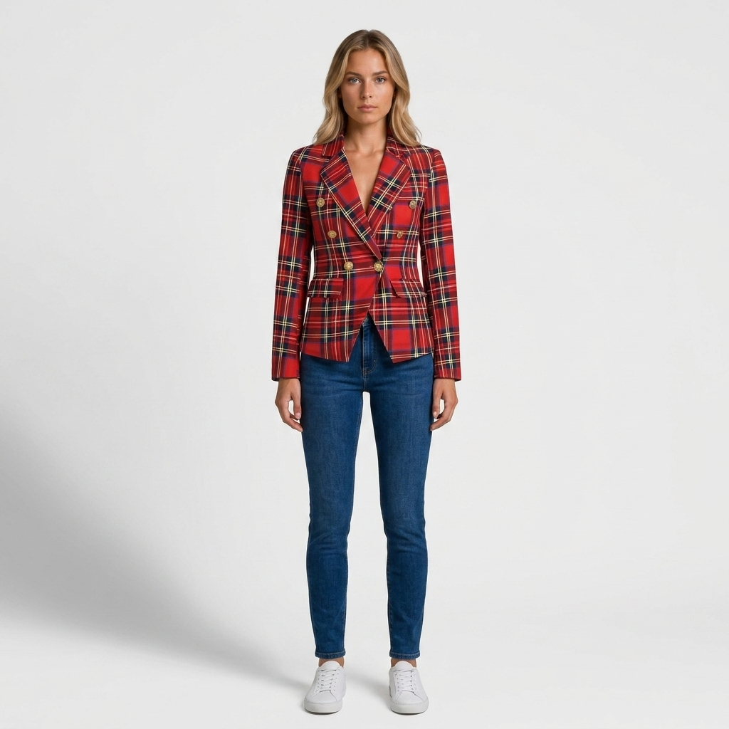 Orenvio | Women’s Tartan Double-Breasted Blazer