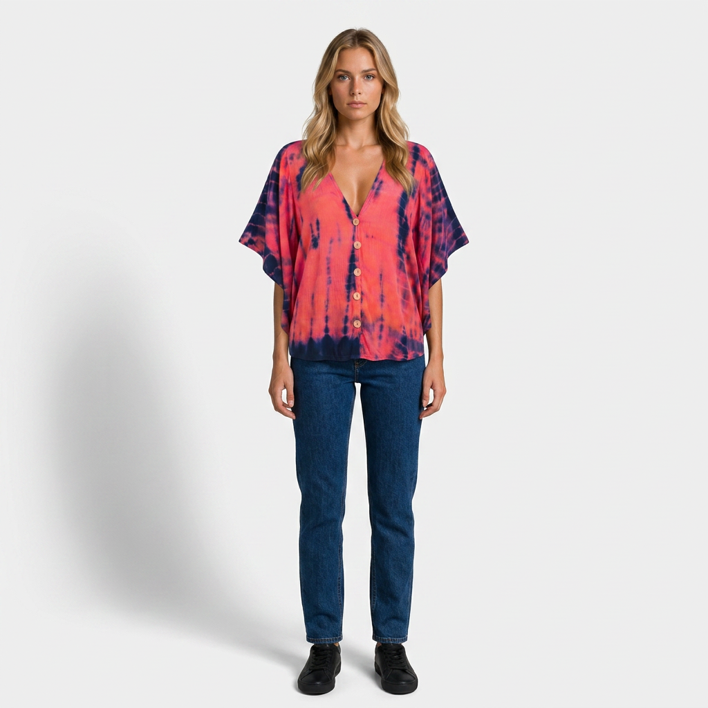Orenvio | Women’s Tie-Dye Button-Front Batwing Blouse