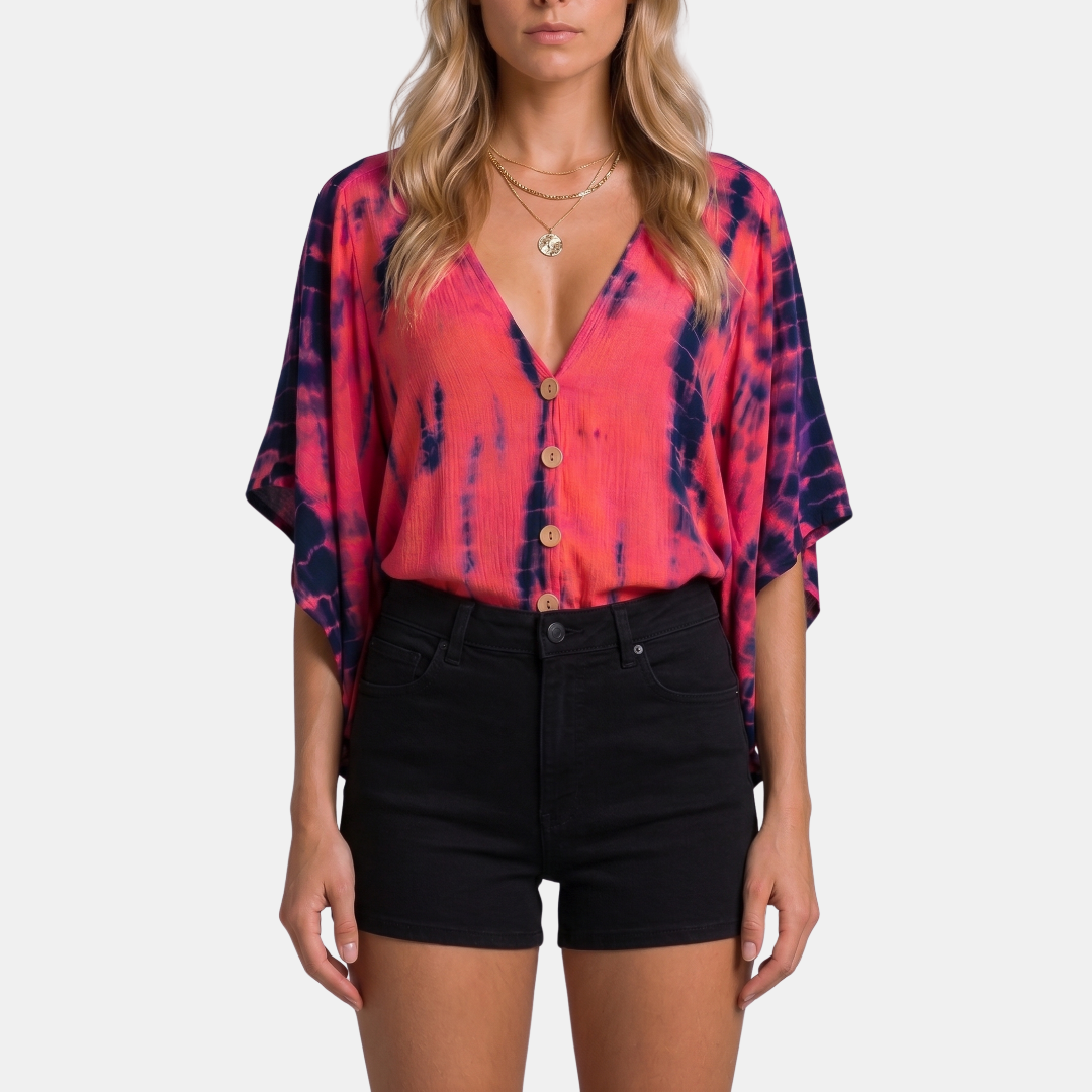 Orenvio | Women’s Tie-Dye Button-Front Batwing Blouse