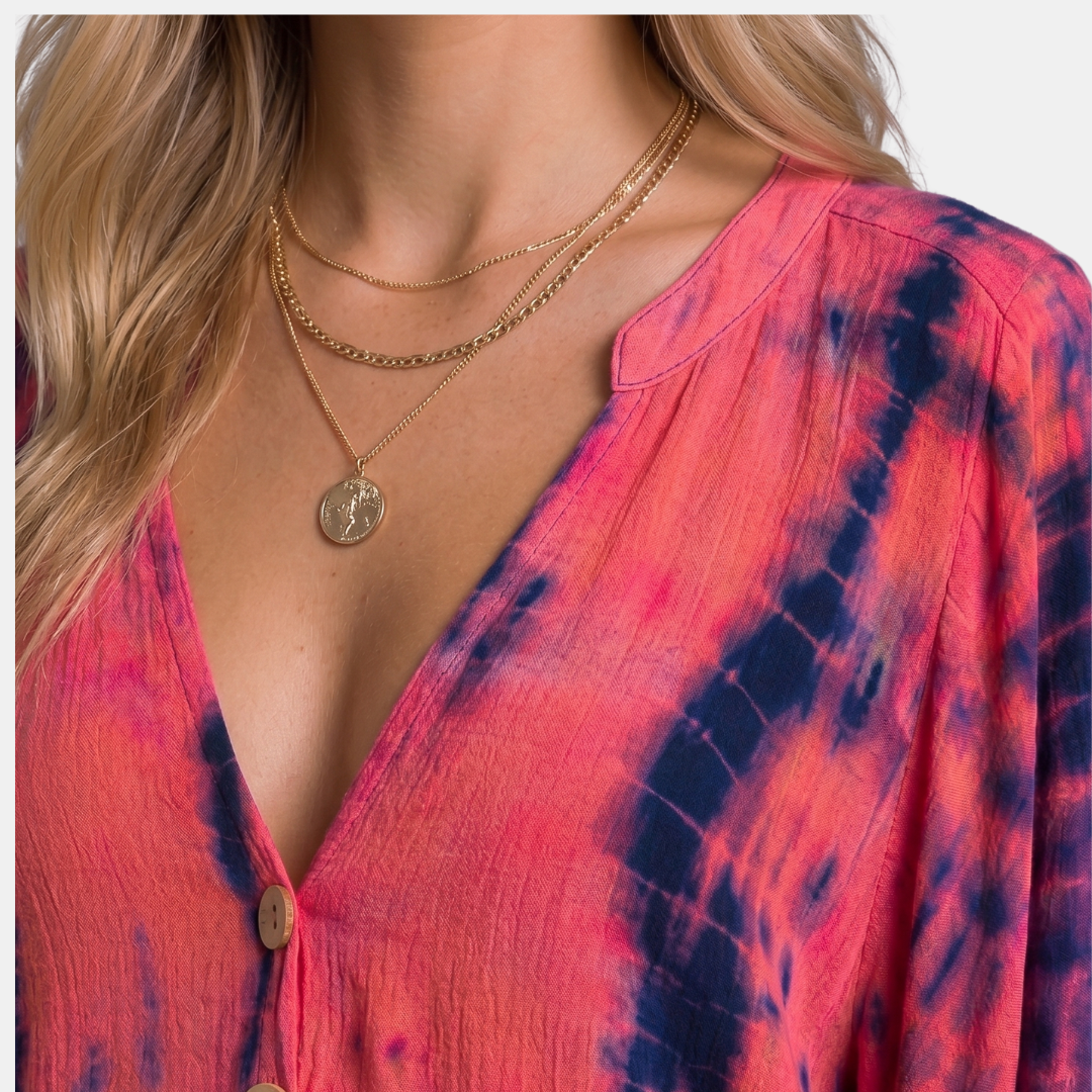 Orenvio | Women’s Tie-Dye Button-Front Batwing Blouse