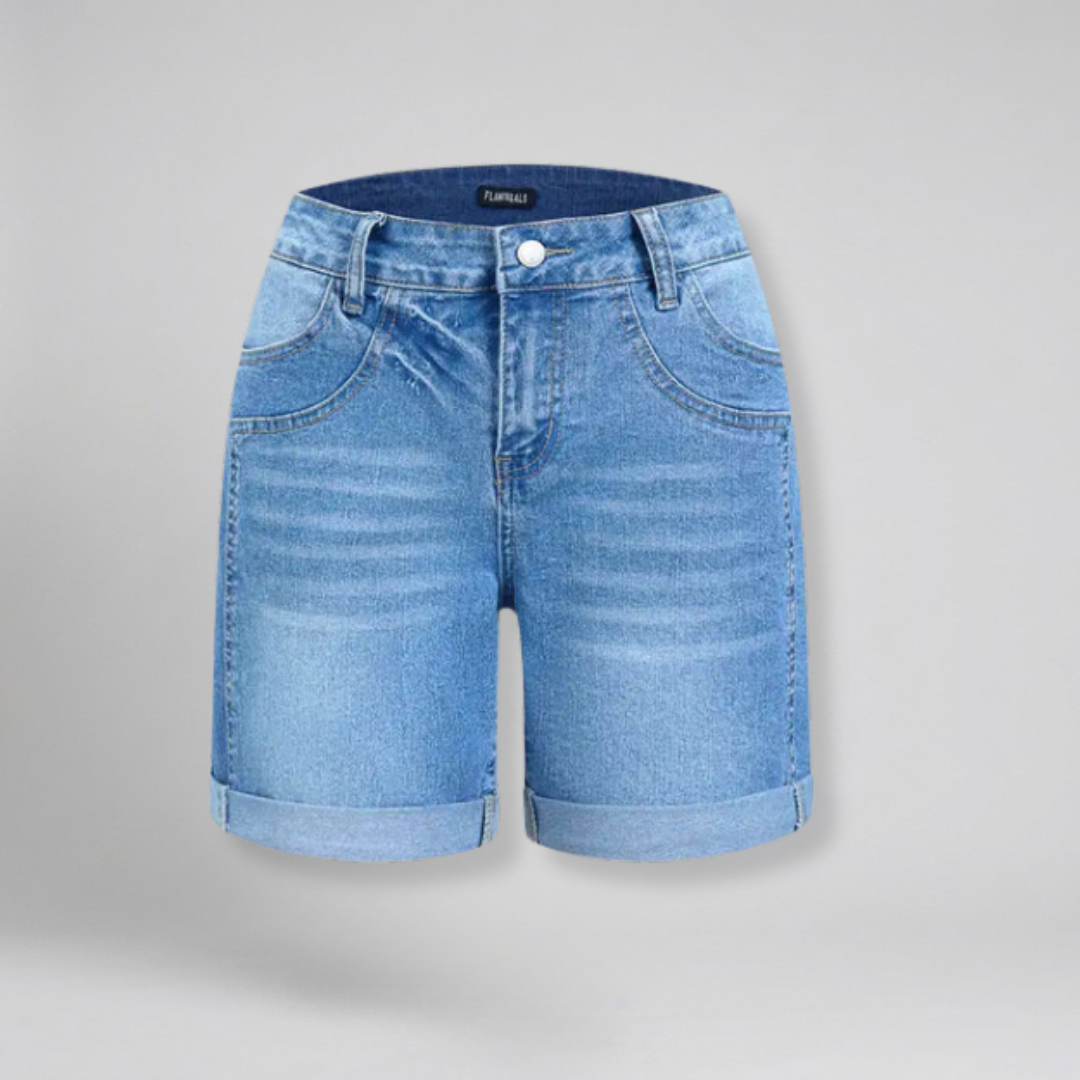Orenvio | Women’s Washed Roll-Hem Mid-Thigh Denim Shorts