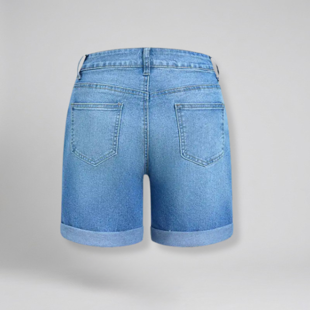Orenvio | Women’s Washed Roll-Hem Mid-Thigh Denim Shorts