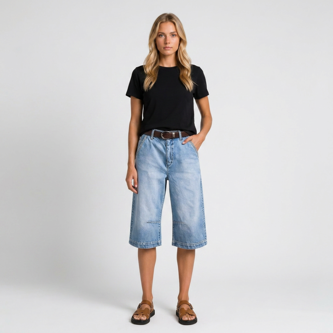 Orenvio | Women’s Washed Wide-Leg High-Rise Capri Jeans