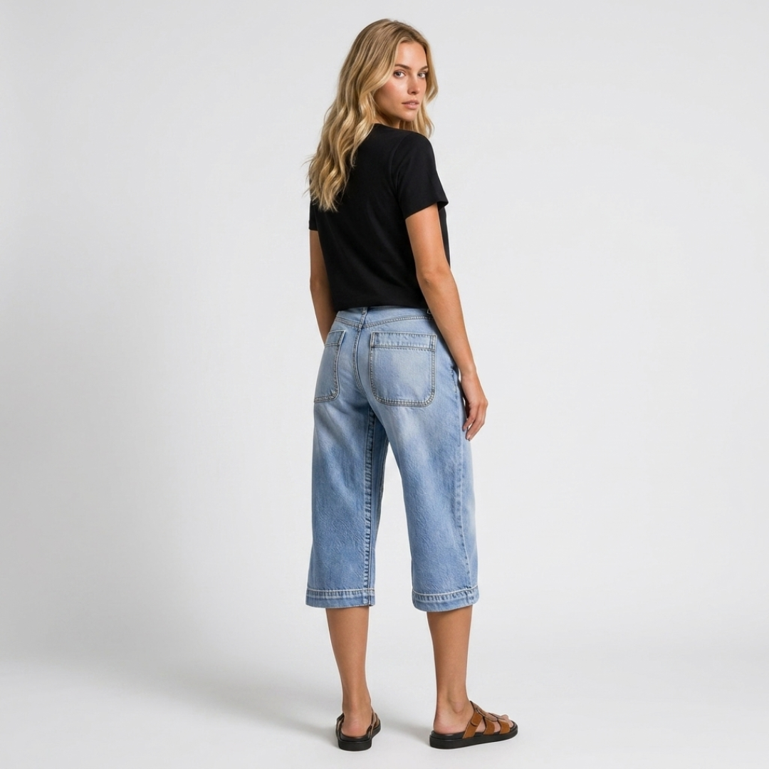Orenvio | Women’s Washed Wide-Leg High-Rise Capri Jeans
